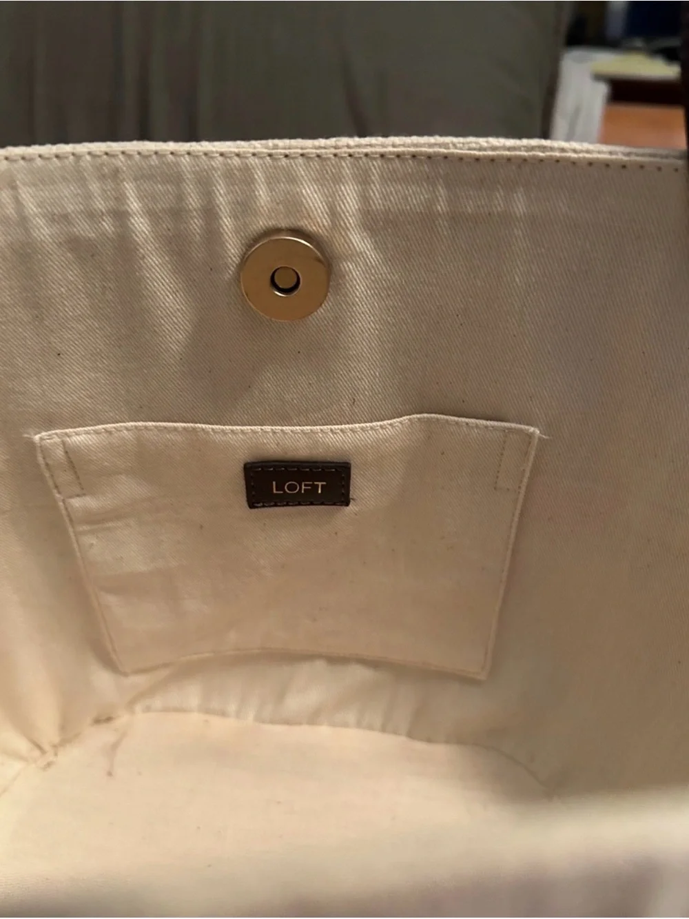 LOFT Cream Canvas Brown Trim Tote